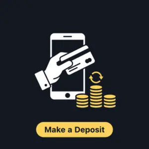 Der „Einzahlung tätigen“-Button bei Bitguruz zeigt eine Hand, die mit einer Karte am Handy bezahlt, daneben Münzstapel – so wirst du zur Einzahlung aufgefordert.