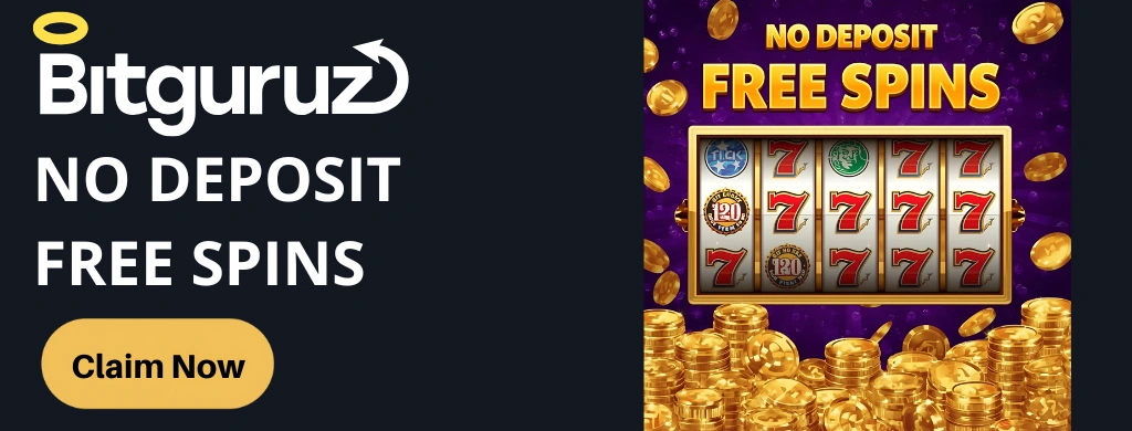 Das Bitguruz-Logo wird zusammen mit einem Angebot für „KEINE EINZAHLUNG FREISPIELE“ gezeigt. Zu sehen sind ein Spielautomat und ein „Jetzt sichern“-Button, der dich dazu einlädt, deine Freispiele ohne Einzahlung zu holen.