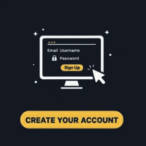 Bitguruz Casino-ikon som viser en dataskjerm med innloggingsfelt og en markør som klikker på «Registrer deg».