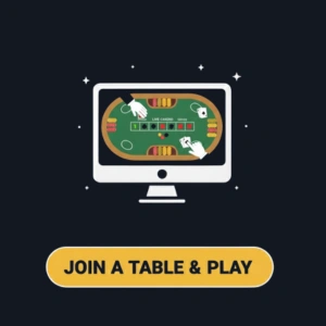 Bitguruz Casino-ikon som viser et live dealer-bord på en dataskjerm, med spillernes hender og en knapp merket «Bli med ved bordet og spill».
