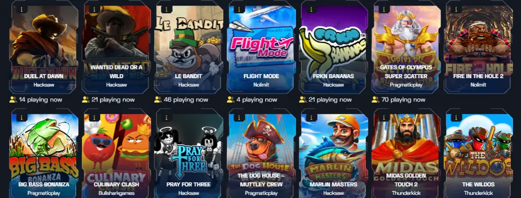 Utvalg av Bitguruz Casino spillautomater med populære titler fra Hacksaw, Pragmatic Play og Nolimit.