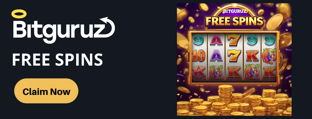 Bitguruz-logotypen visas bredvid ett slotspel med texten "FREE SPINS", guldmynt och en "Hämta nu"-knapp som uppmanar användare att ta del av erbjudandet om free spins.