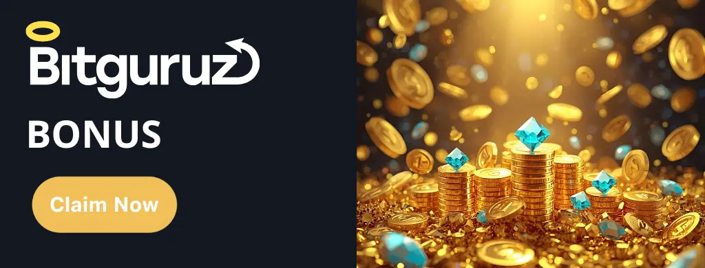 Bitguruz promo akcia s kopami zlatých mincí a žiarivými modrými drahokamami.