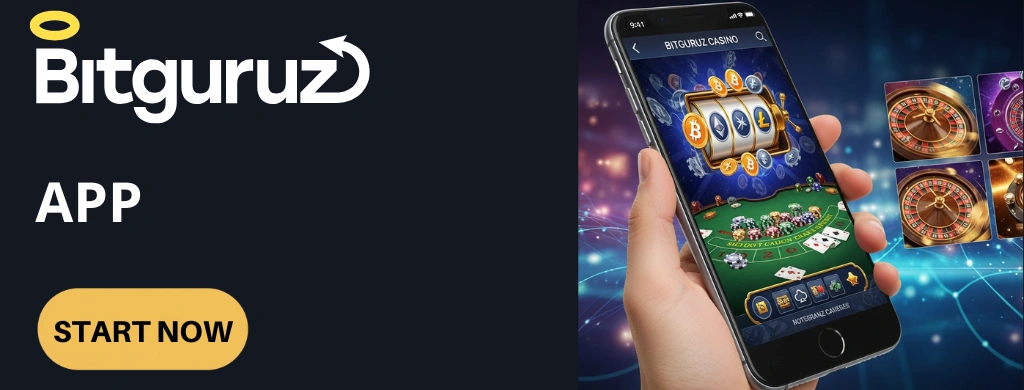 Zaslon aplikacije Bitguruz prikazuje vmesnik Bitguruz casino z gumbom »Začni zdaj« za začetek uporabe aplikacije.