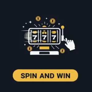 Grafika Bitguruz Casino "zavrti in osvoji", ki prikazuje igralni avtomat z zmagovalnimi simboli.