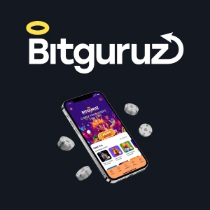 Bitguruz logo with an image of the Bitguruz mobile app, showing a user interface with various game options and features.