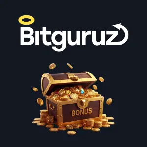 The Bitguruz logo is displayed alongside a treasure chest overflowing with gold coins and a "BONUS" label, highlighting an exciting bonus offer.