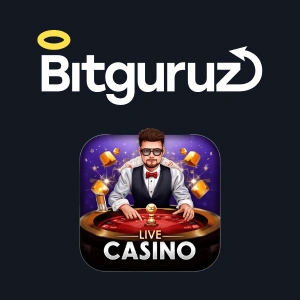 Bitguruz Casino live casino logo with a dealer at a roulette table wearing glasses and a bow tie.