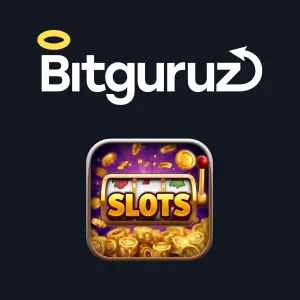 Bitguruz Casino Slots logo with gold coins and a slot machine icon.