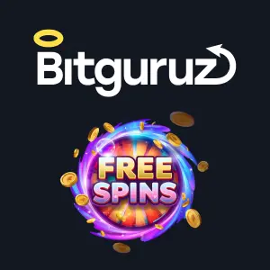 The Bitguruz logo is displayed alongside a vibrant "FREE SPINS" icon with coins floating around, promoting a free spins offer.