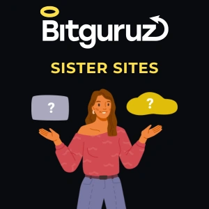 Bitguruz logo above the text Sister Sites with an illustrated woman holding two icons featuring question marks.