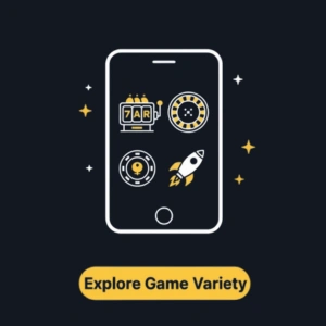 Bitguruz smartphone icon with slot machine, roulette, lightbulb, and rocket icons with the text "Explore Game Variety."